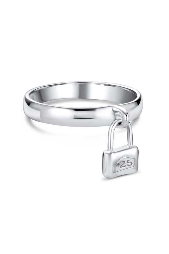 Womens Romantic Forever Dangling Charm Pad Lock Ring .925 Sterling Silver