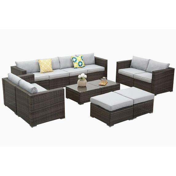 Cozyhom 12 Pcs Outdoor Patio Furniture Set All-Weather Wicker Patio Chat Set with Coffee Table,Gray Cushions