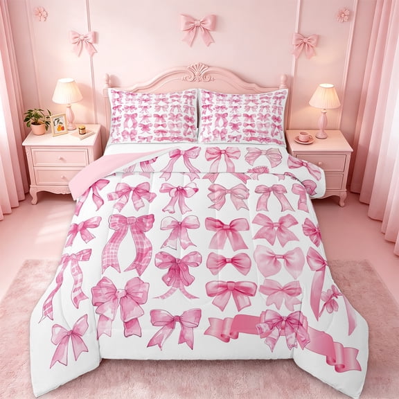 jejeloiu Ribbon Bow Bowtie Full Size Comforter Sets,Girls Bowknot Bedding Comforter Set,Pink White Bedding Sets For Child,Ultra Soft Home Decor Reversible,3-Piece
