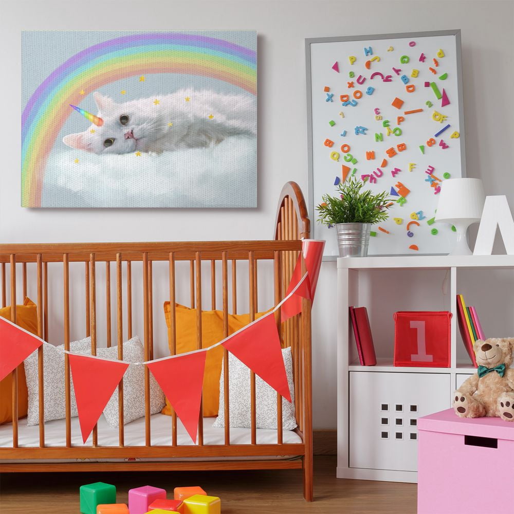 Stupell Industries Rainbow Cloud Fantasy Cat Feline Unicorn in Clouds Canvas Wall Art Design by Ziwei Li