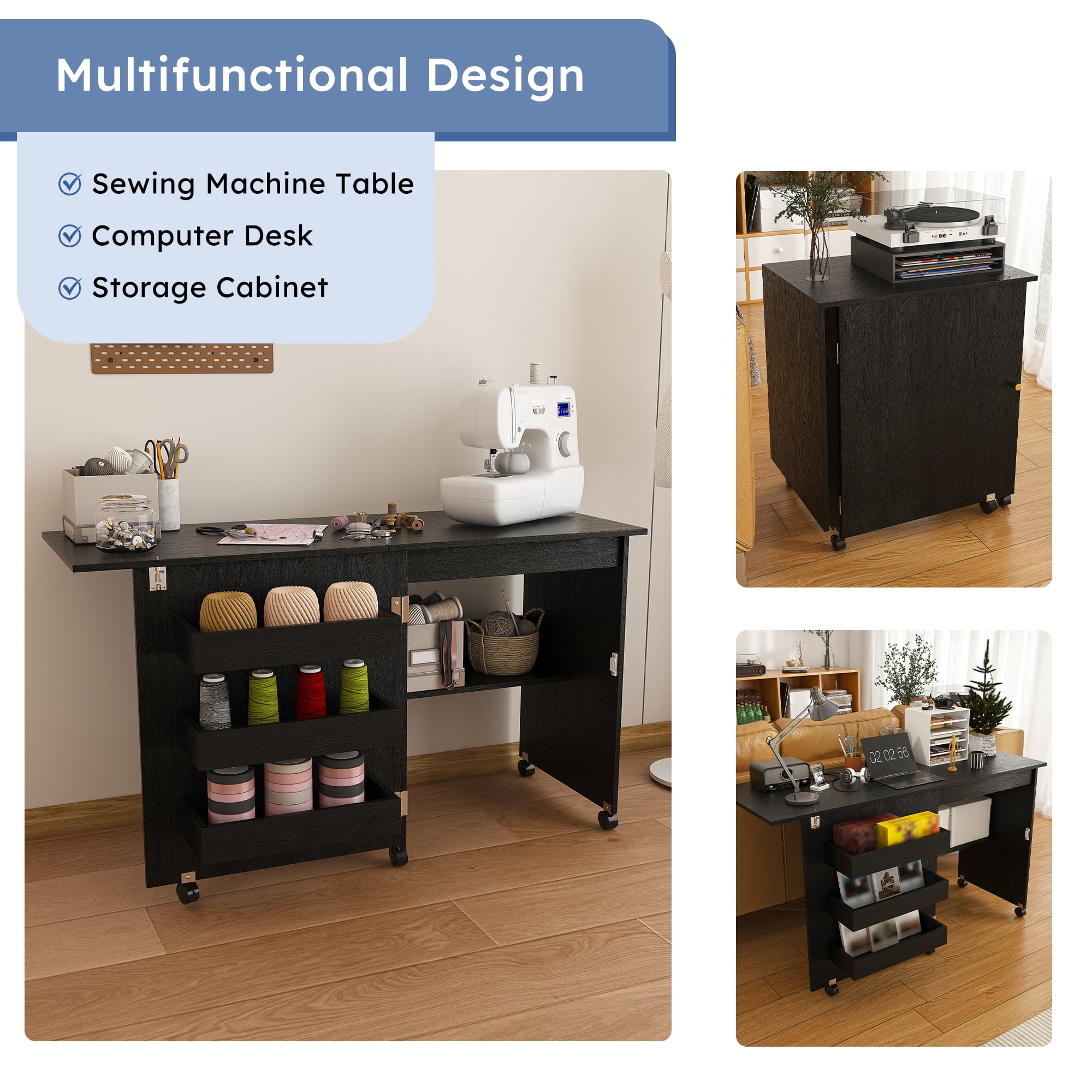 4-in-1 Folding Sewing Table with Storage 5 Wheels for Craft Room Bedroom Living Room