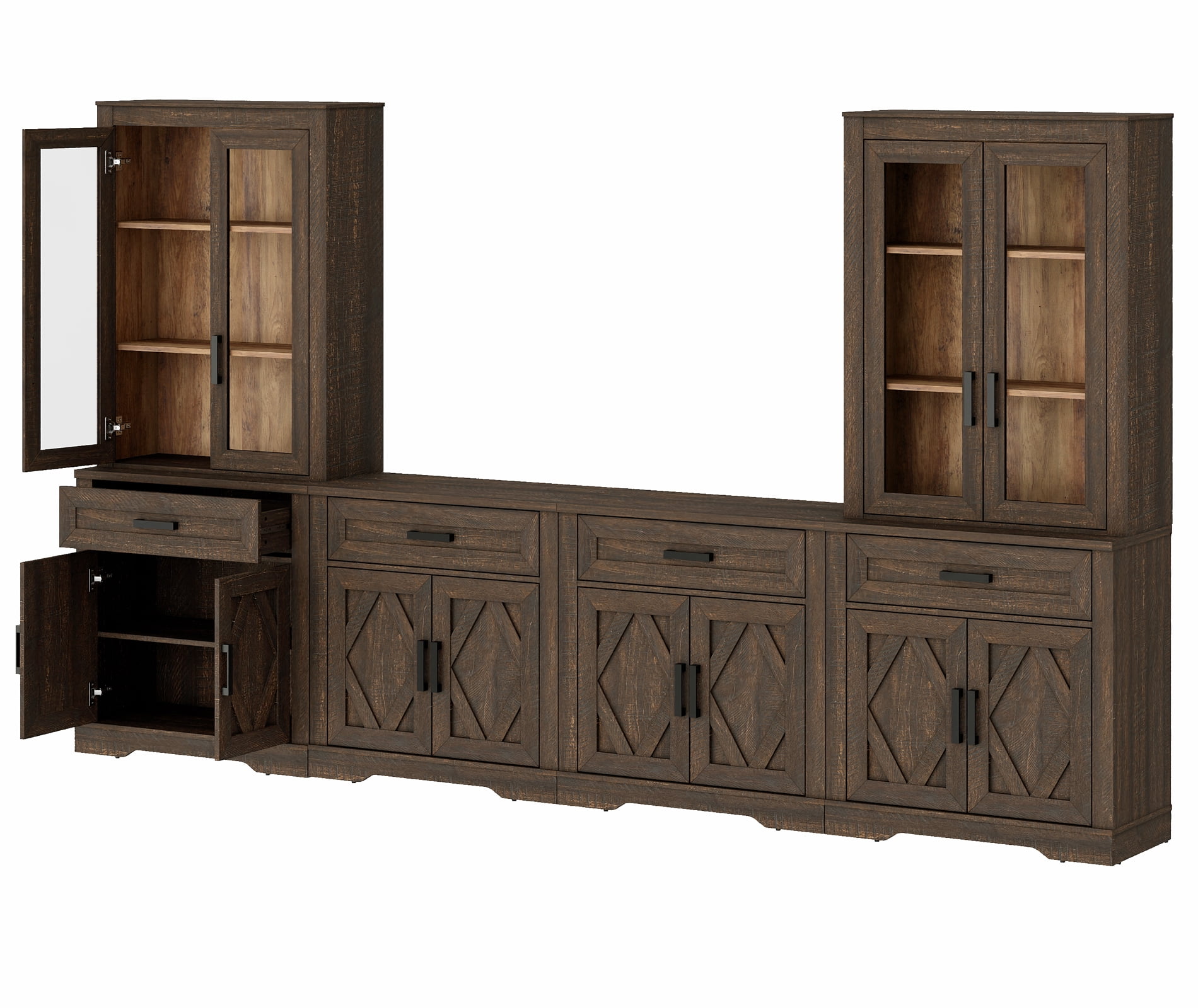 WAMPAT Farmhouse Entertainment Center with Bookshelf for TVs up to 70",Mid Century Modern TV Stand with 73"H Tall 5-Tier Bookcase with Open Storage and Barn Doors for Living Room,Bedroom,Rustic Brown