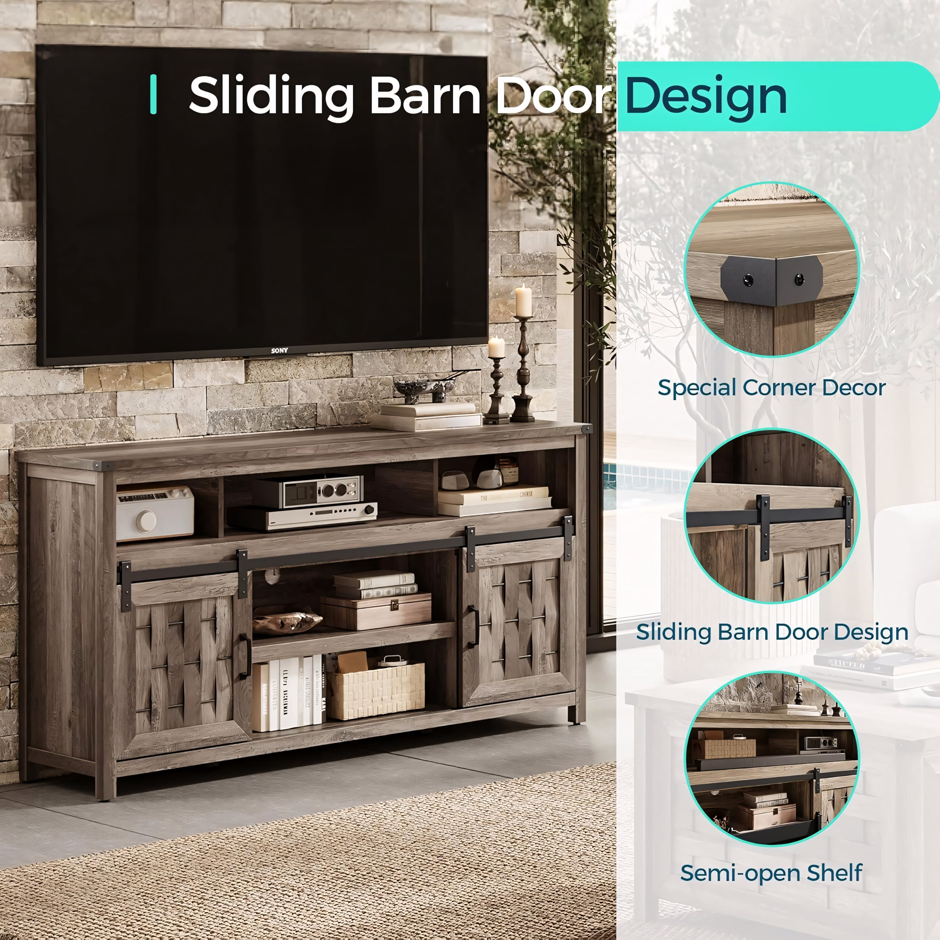 Tall Farmhouse TV Stand for 70 Inch TVs with Sliding Barn Door and Storage Shelves Light Brown