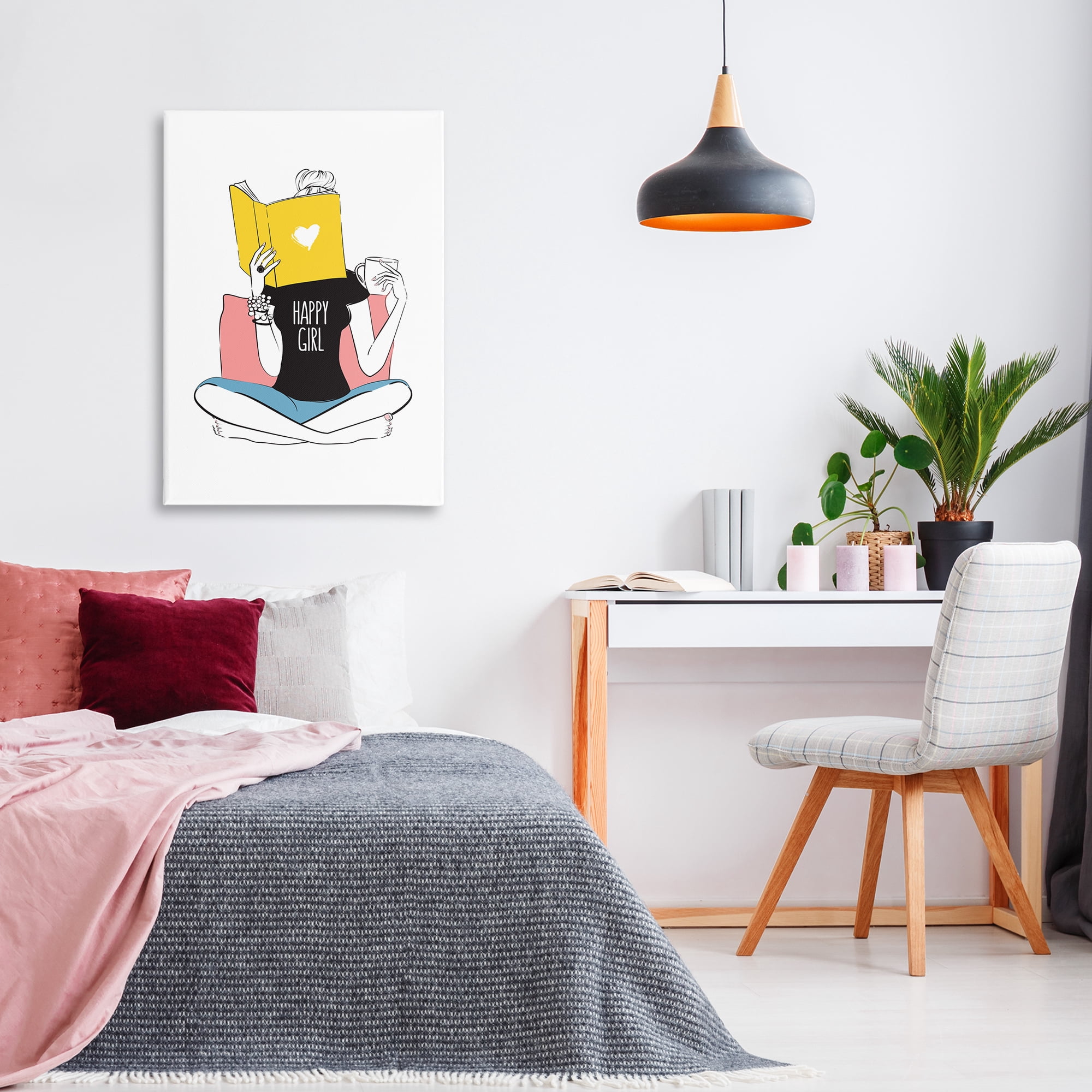 Stupell Industries Happy Reader Girl Novelty Painting Gallery Wrapped Canvas Art Print Wall Art, 24 x 36