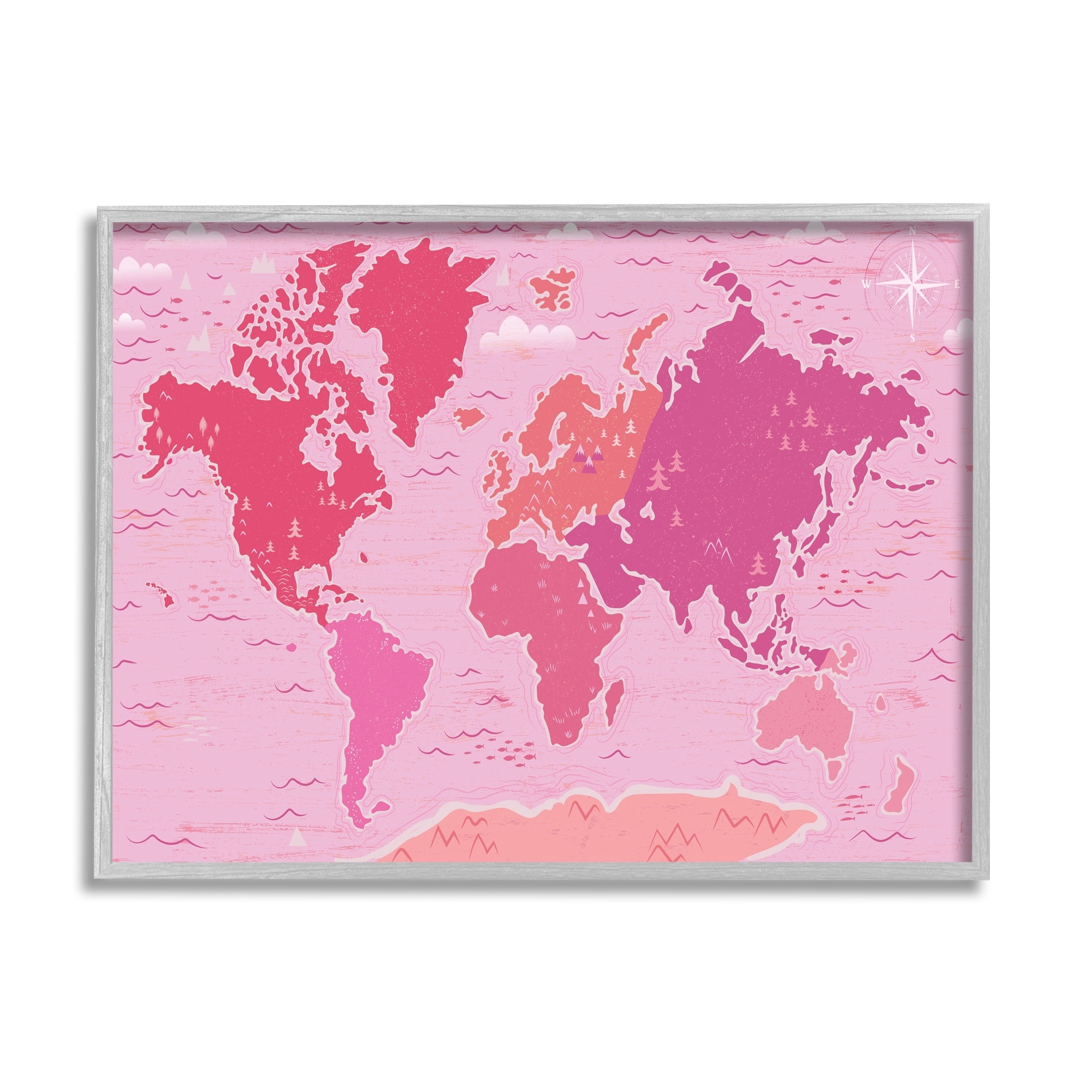 Stupell Industries Pink Tones World Map Atlas Countries Education Graphic Art Gray Framed Art Print Wall Art, Design by Arrolynn Weiderhold