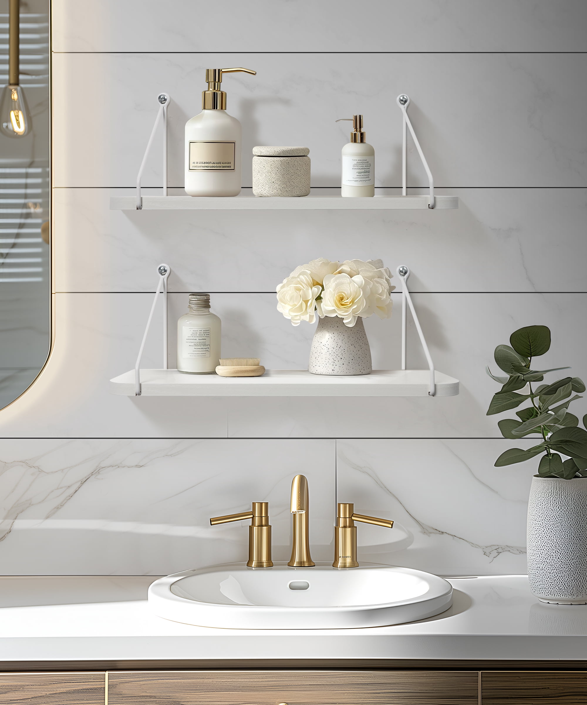 Sumgar Floating Shelves Bathroom 16in White Hanging Shelf Set of 2 for Room Wall or Over Toilet, Modern Storage Shelving Display Organizer for Bedroom