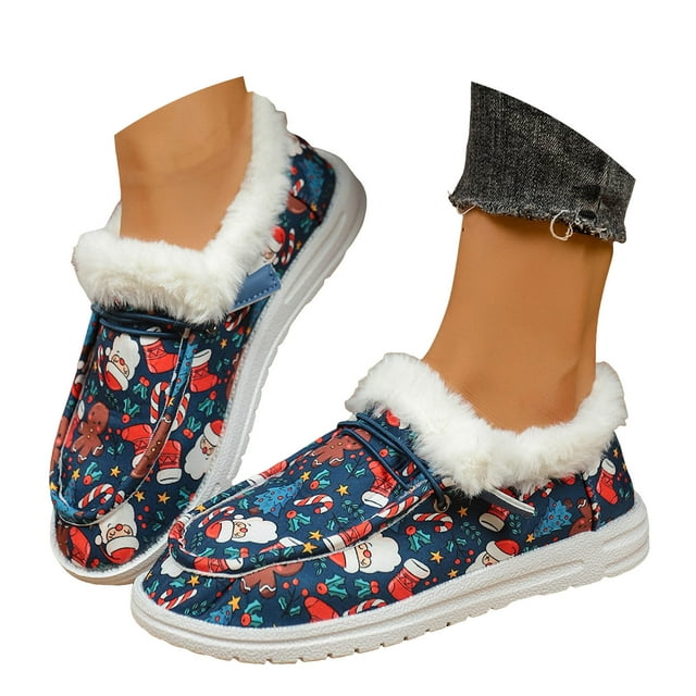 Leozcaa Ankle Boot for Womens Winter Christmas Loafer Boot Flat Fluffy Lining Anti Slip on Short Booties