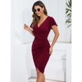 thumbnail image 3 of Owin Women's Summer Sexy V Neck Ruffle Sleeve Faux Wrap Ruched Sheath Bodycon Cocktail Party Work Dress, 3 of 4