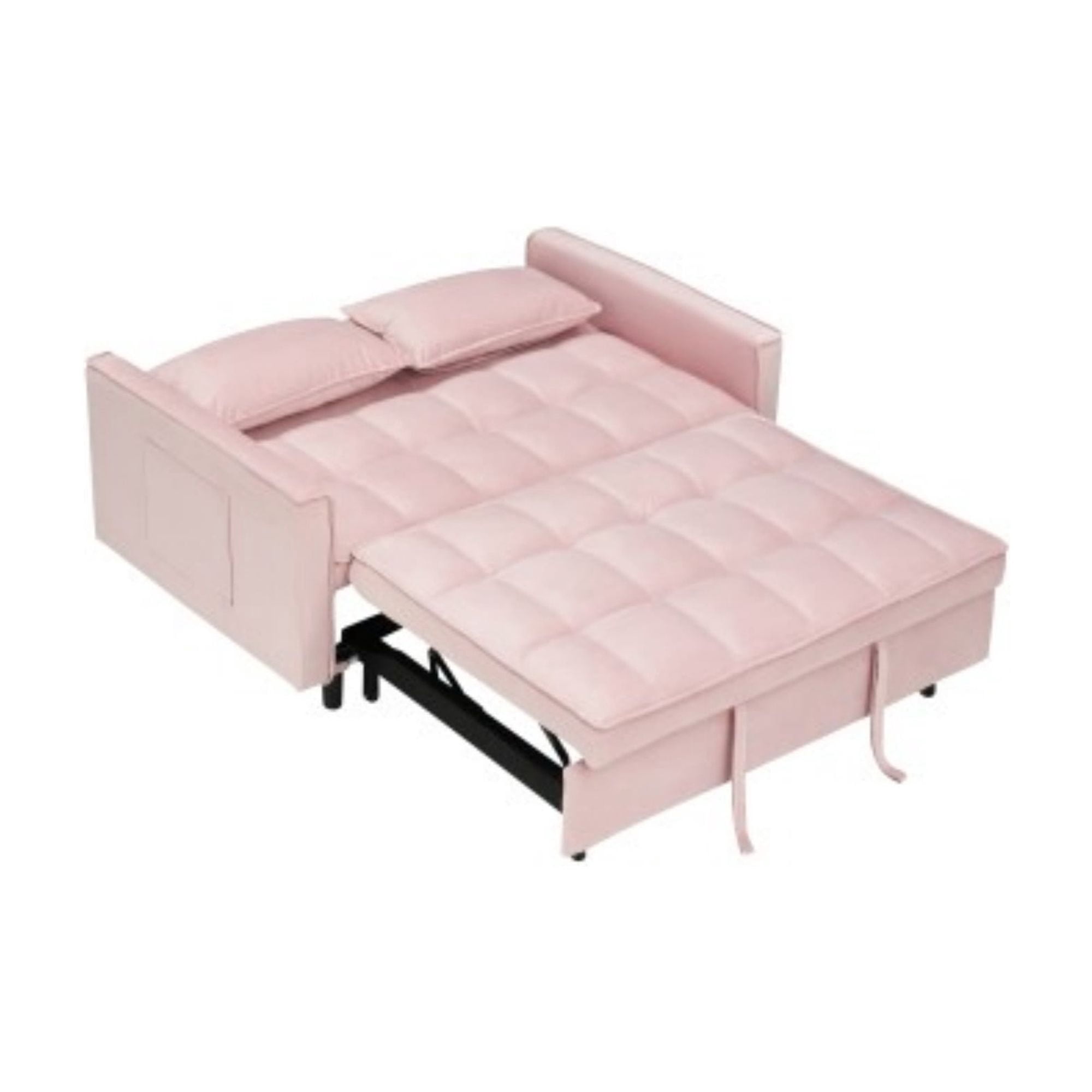 Velvet Loveseat Sofa Bed, 3-in-1 Convertible Sleeper Couch with Pullout Bed & Reclining Backrest, Pink