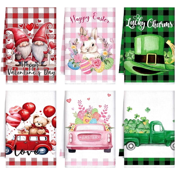6 Pcs Easter Kitchen Towels St. Patrick''s Day Valentine''s Day Dish Hand Towels 23.62 x 15.75 Decorative Holiday Heart Gnome Shamrock Bunny Tea Dry Cloth for Seasonal Kitchen Bathroom Decor