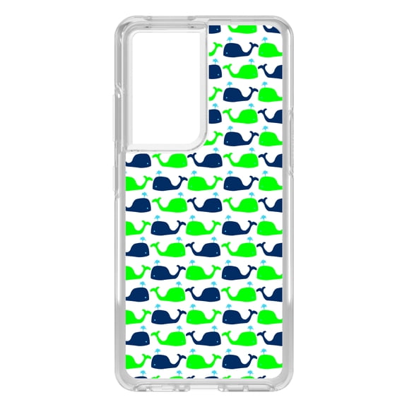 DistinctInk Clear Shockproof Hybrid Case for Galaxy S21 ULTRA 5G (6.8" Screen) - TPU Bumper, Acrylic Back, Tempered Glass Screen Protector - Green Navy Cartoon Whales - Cartoon Whales