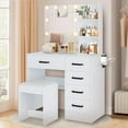 thumbnail image 2 of White Vanity Desk with Mirror and Lights, UHOMEPRO Makeup Vanity Table Set with 5 Storage Drawers and Open Shelves, Modern Makeup Dressing Table with Cushion Stool and Hair Dryer Rack for Girls, 2 of 11