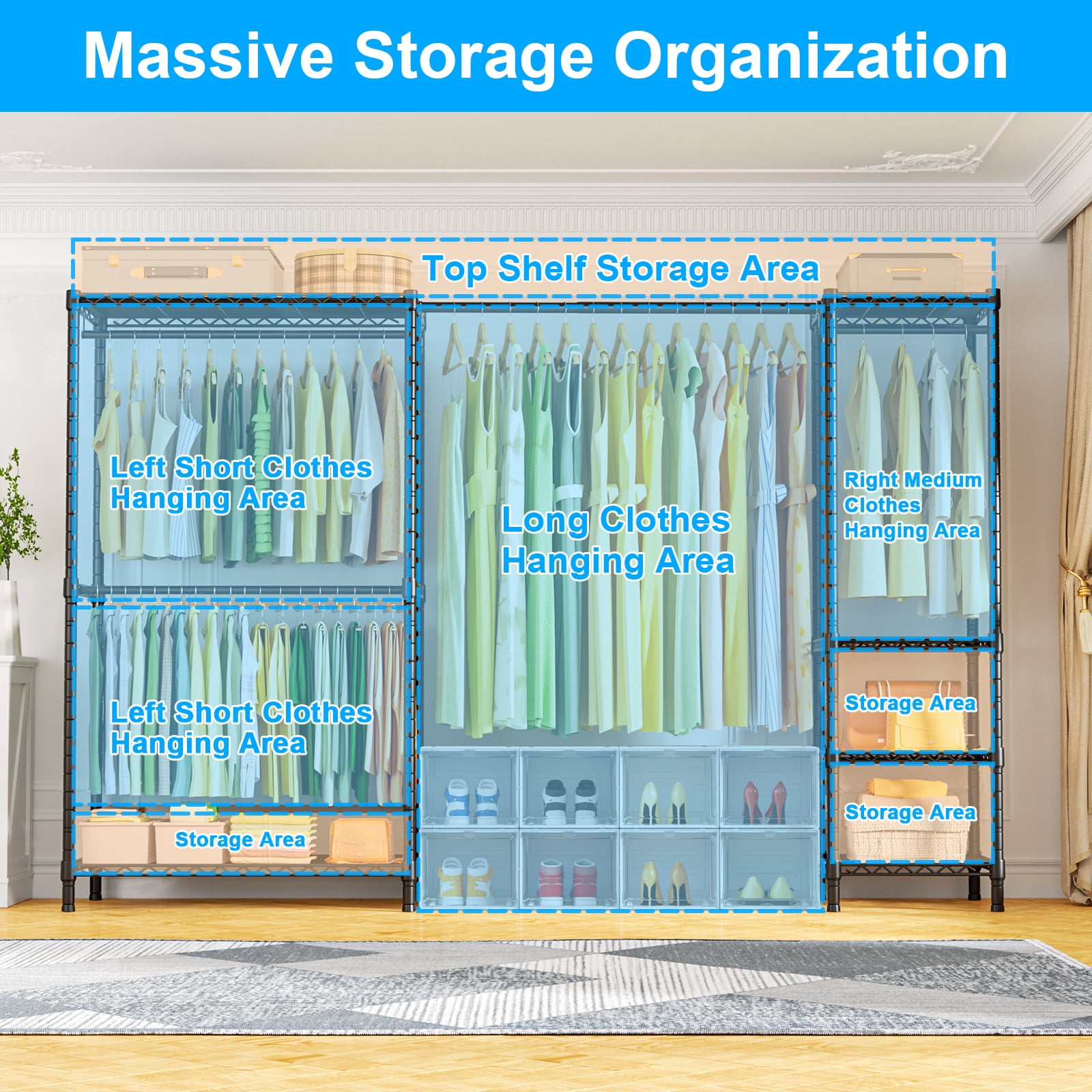 Ulif E10 Heavy Duty Closet Organizer for Bedroom & Laundry Room - Adjustable Clothes Rack with 800lbs Capacity, Freestanding Garment Rack (73-97"W, Black)