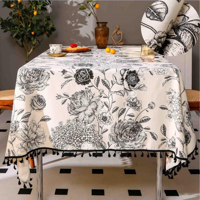 TRAHOO-Floral Tablecloth with Tassels Cotton Linen Table Cloth for Restaurant, Indoor and Table Cover Home Decoration,Rectangle Tablecloths 60 x 60 Inch(Black