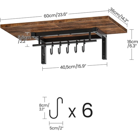 Rustic Brown & Black Wall-Mounted Pot Racks, 2-Pack – Vintage Hanging Pot Hangers with Floating Wall Shelves for Kitchen Storage & Cookware Organization