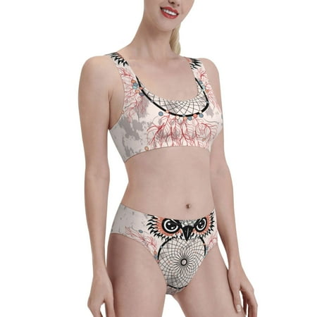 Uemuo Dreamcatcher With Owl Printed Women s High Waisted Bikini Sets Sporty Two Piece Swimsuits Color Block Cheeky High Cut Bathing Suits-
