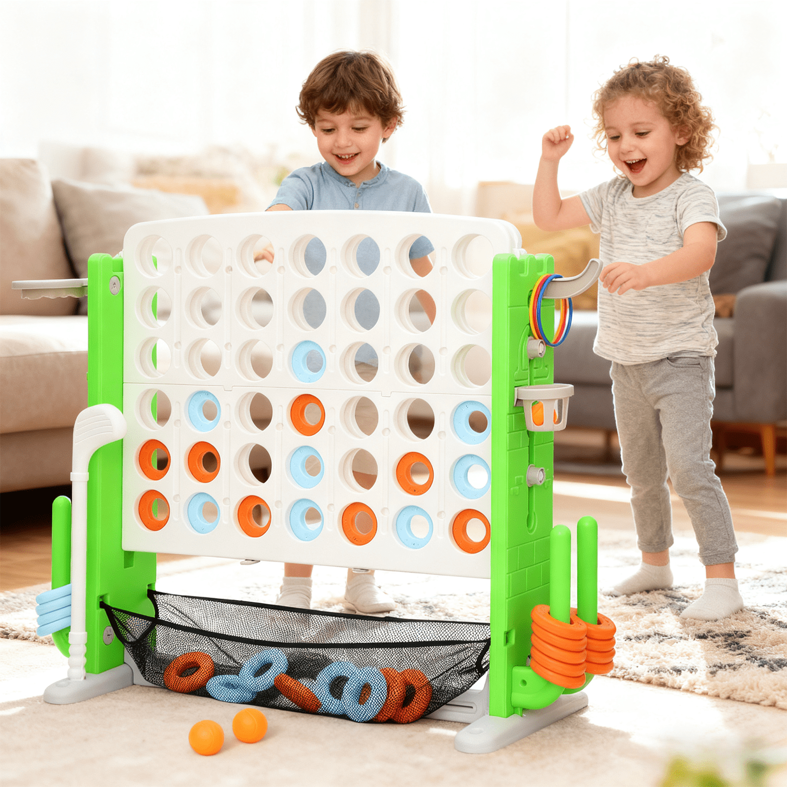 Jumbo 4-to-Score Connect Game Set: Height-Adjustable Yard Game with Golf, Basketball Hoop, Ring Toss & Mesh Bag for Kids & Adults, White Green