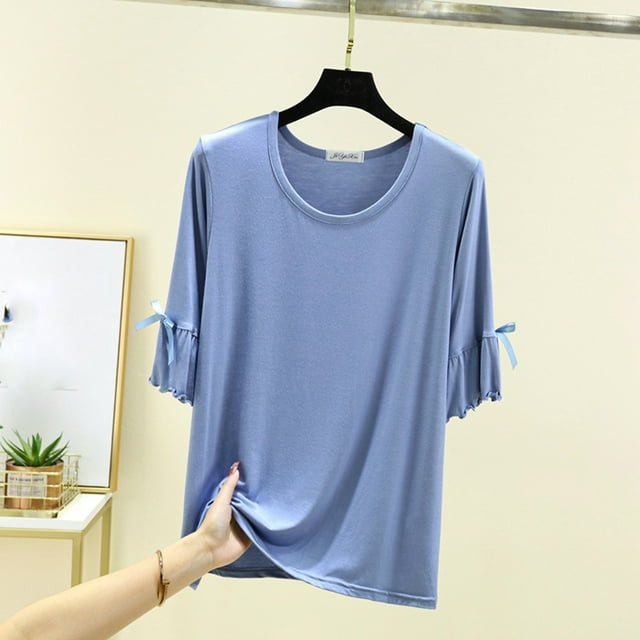 aidice T-Shirts de Sommeil pour Femmes Col Rond Manches 1/2 Hauts Grande Taille Coupe Ample Extensible Doux Confortable T-Shirts Couleur Unie