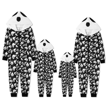 

Family Matching Halloween Jumpsuits Pajamas Ghost Print Hooded Long Sleeve Playsuits Autumn Winter Zipper-Up Long Rompers