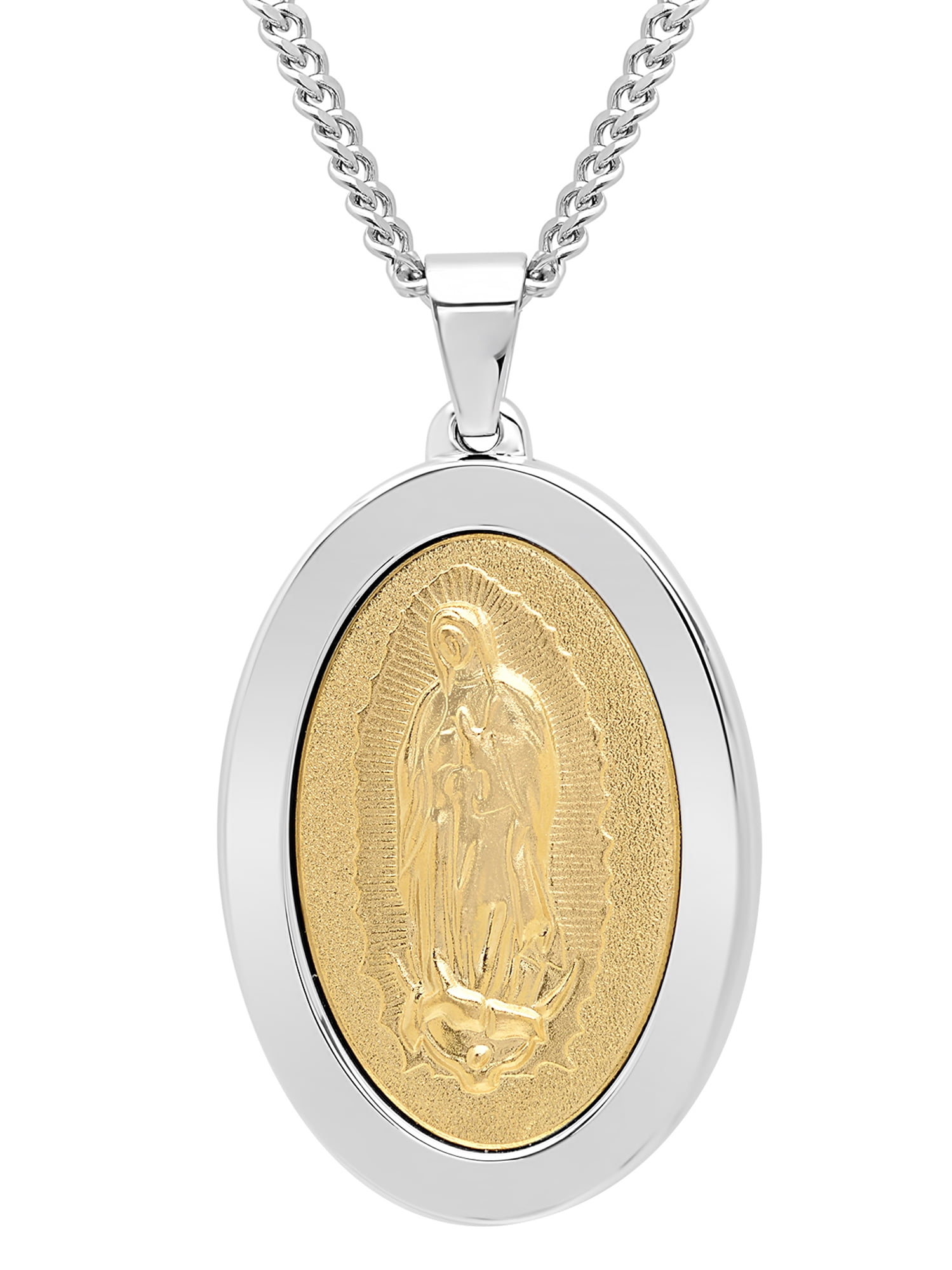 Mens Stainless Steel Virgin Mary Medallion Pendant Necklace