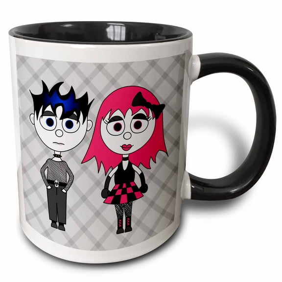 3drose, Cute Goth Punk Rock Girl and Boy, 11oz Two-tone Black Mug