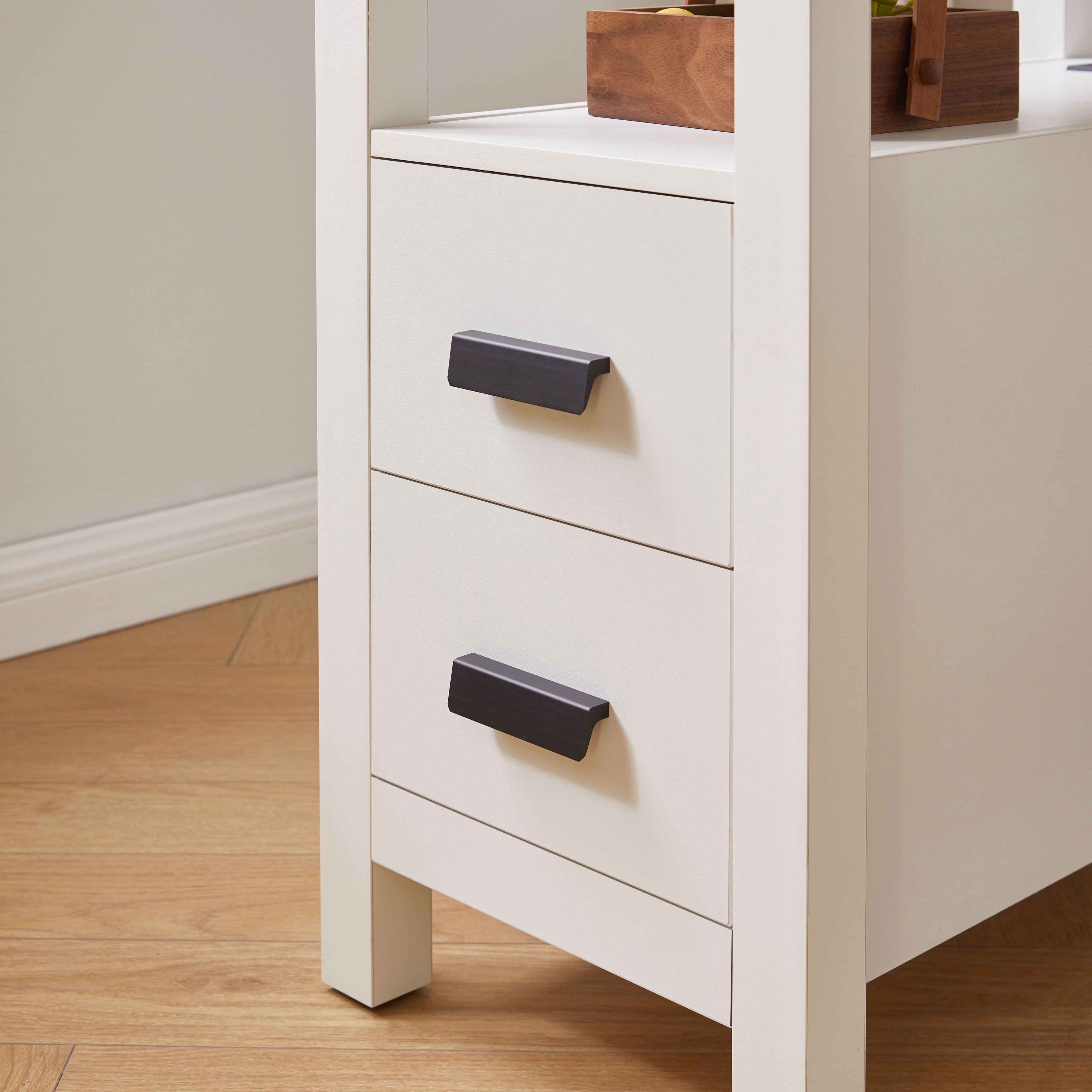 MAYEERTY Narrow End Table with Charging Station, Modern Side Table with 2 Drawers and Open Shelf, USB Ports, for Living Room Bedroom Small Spaces
