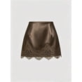 thumbnail image 7 of Brown Satin Mini Skirt With Intricate Lace Trim, Elegant A-Line Design For Women, 7 of 7