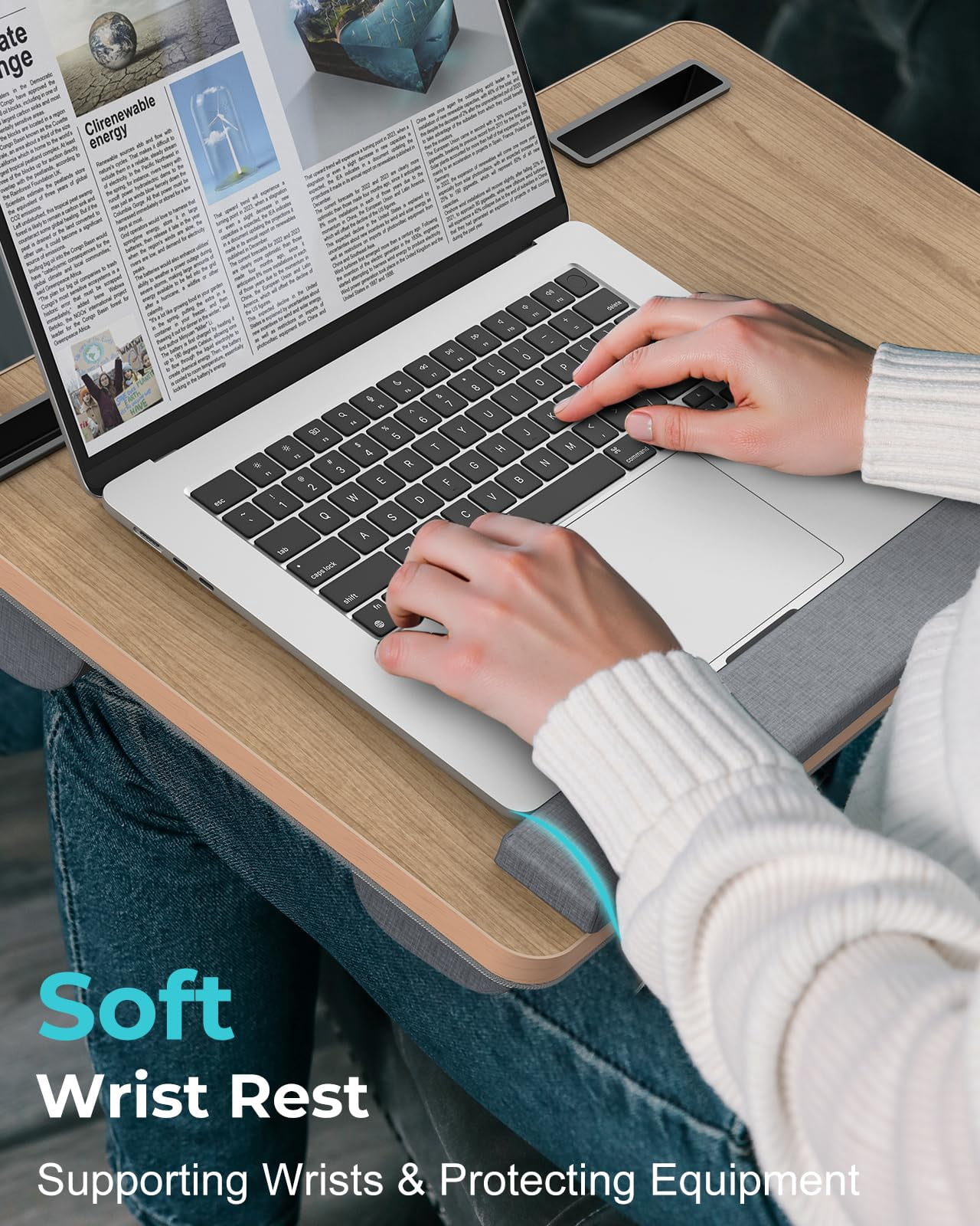 Lap Desk - Up To 17" Laptop With Wrist Rest  Portable Handle 2 Self-adhesive Pvc Mouse Pads Tablet & Phone Slots Stand For Bed Cushion (dark Brown Woodgrain)
