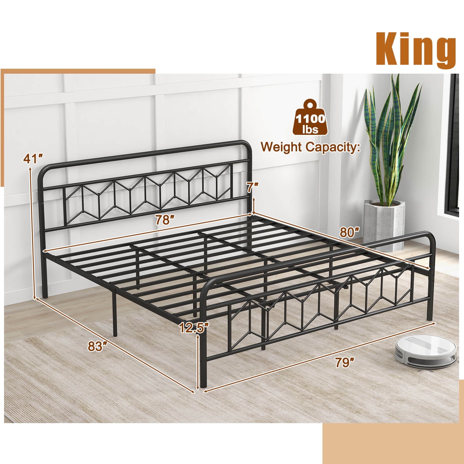 Infans King Size Bed Frame Mattress Foundation w/ Headboard 12.5" Under-bed Storage