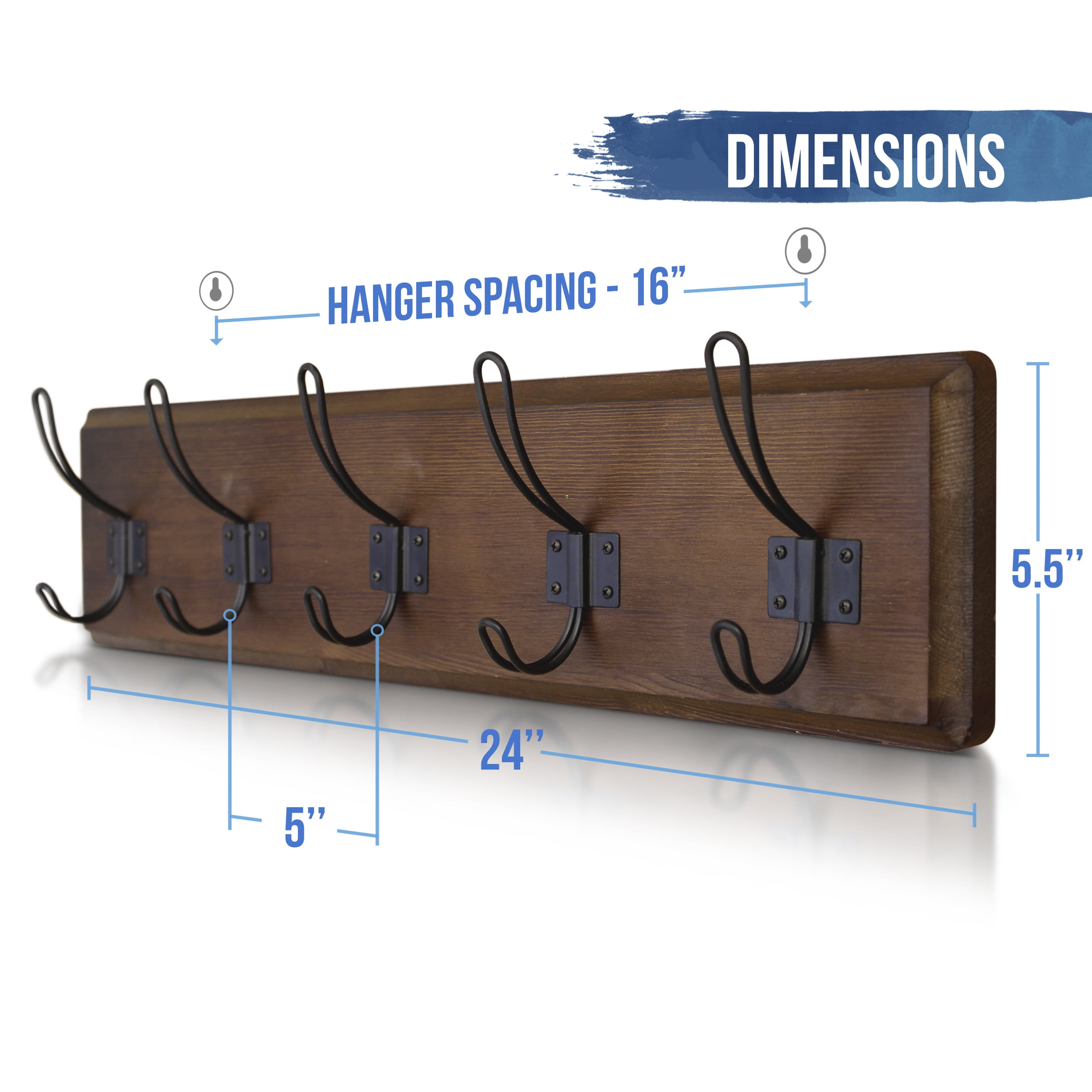 HBCY Creations Rustic Coat Rack - Wall Mounted Whitewash 24 Entryway Coat Hooks - 5 Rustic Hooks, Solid Pine Wood. Perfect Touch for Your Entryway