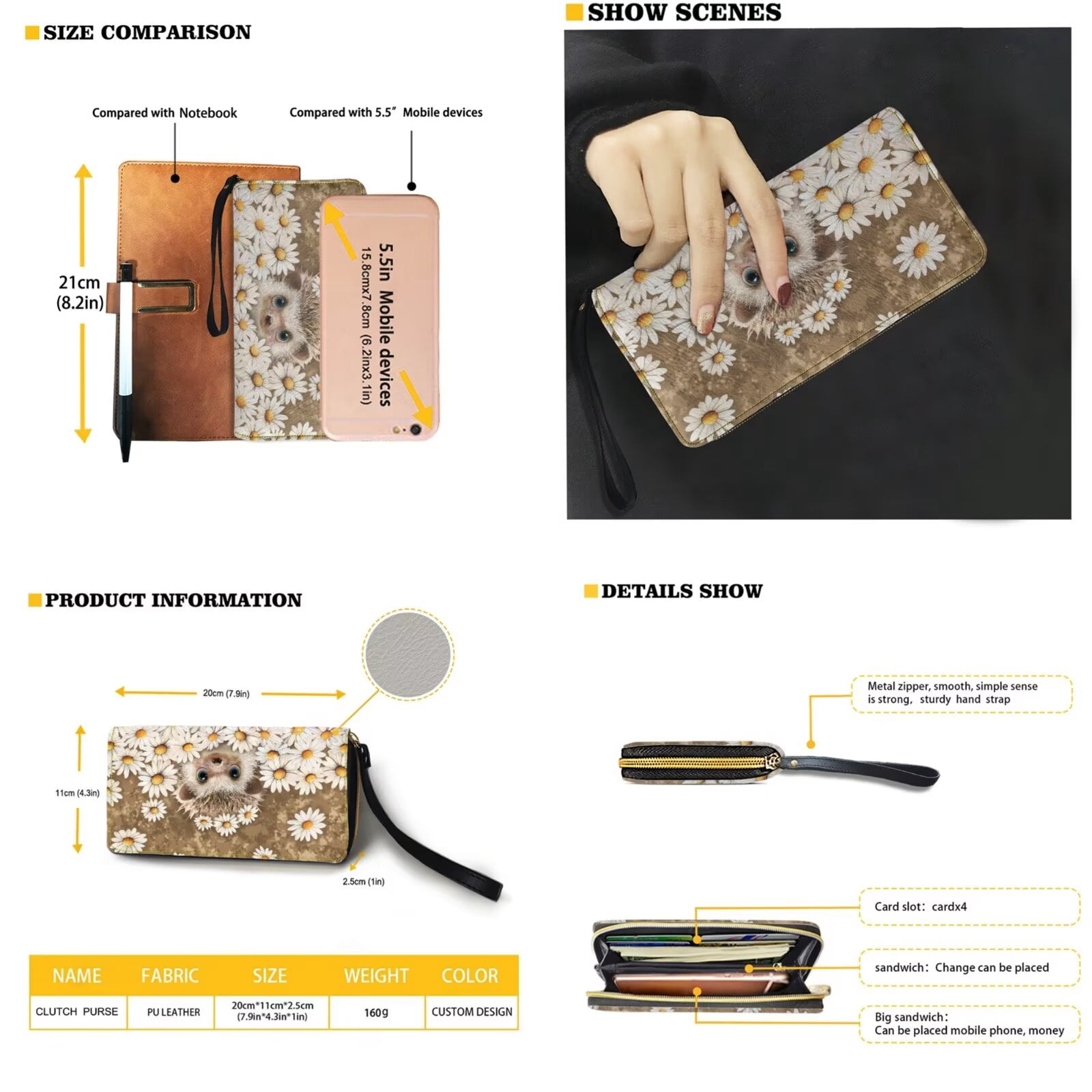 TSOVTHRID Hedgehog Daisy Print Handbag with Wallet Set Tote Satchel Shoulder Purse with Matching Wristlet Wallet PU Leather Top Handle Handbag with Coin Purses, Beige