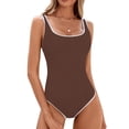 thumbnail image 1 of Women'S One-Piece Swimsuit Color Block Ribbed Sports Adjustable Strap High Cut Swimsuits Dark Brown L, 1 of 8