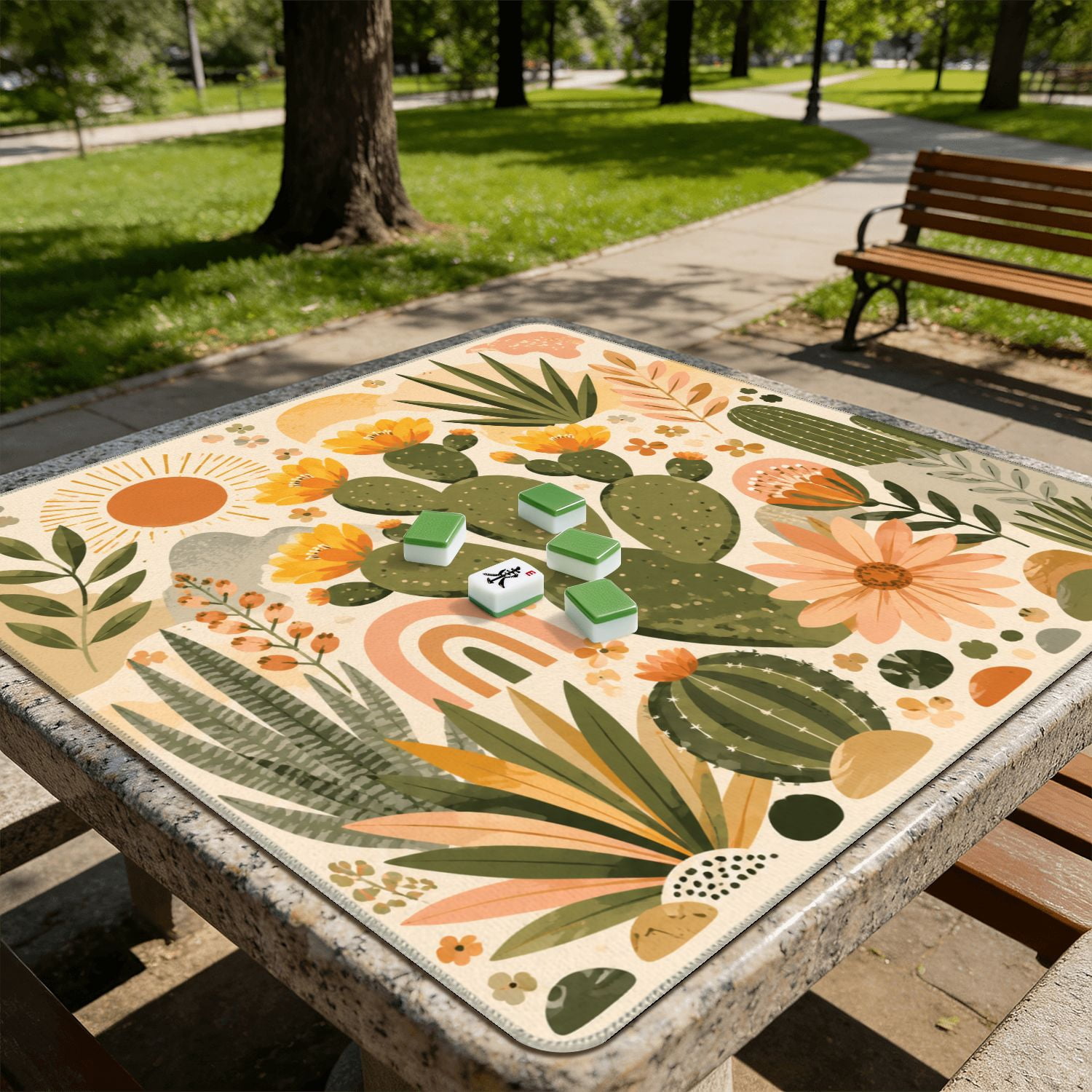 Mahjong Mat 31.5" x 31.5" Abstract Cactus Floral Earthy Orange Green Palette Non-Slip Noise Reduction American Mahjong Tiles Table Cover for Dominoes Poker Card Board Games Gift