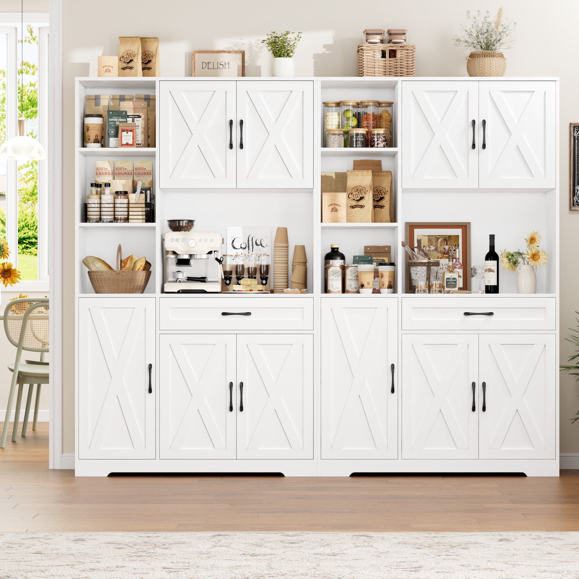 Hiphuta 71"Farmhouse Kitchen Pantry Storage Cabinet, Freestanding Hutch Cabinet with Microwave Stand, Sturdy Pantry Cabinet for Dining Room, White