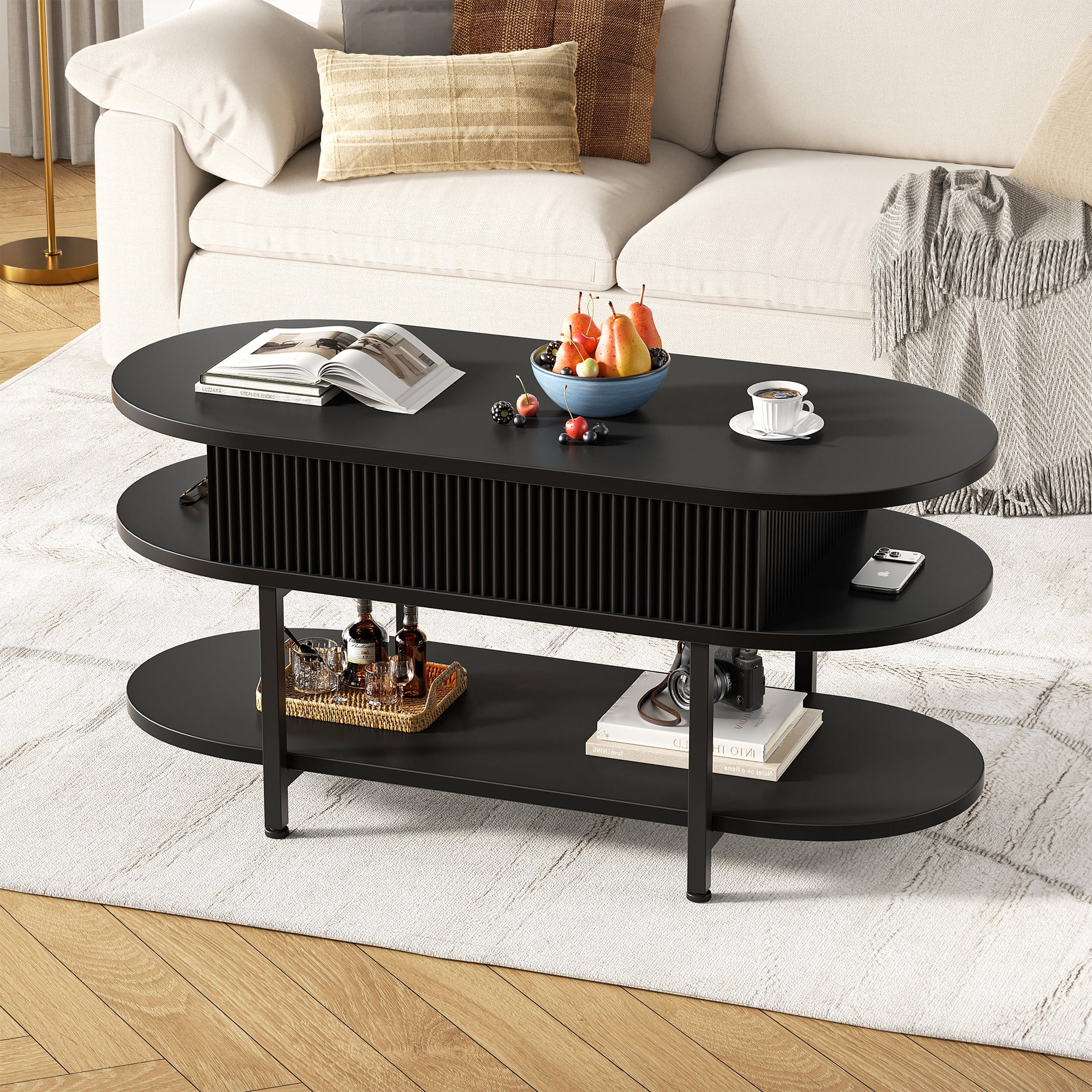 GUNAITO Lift Top Coffee Table with Storage, Modern Farmhouse Center Table with Shelf 3 Tier for Living Room, Black