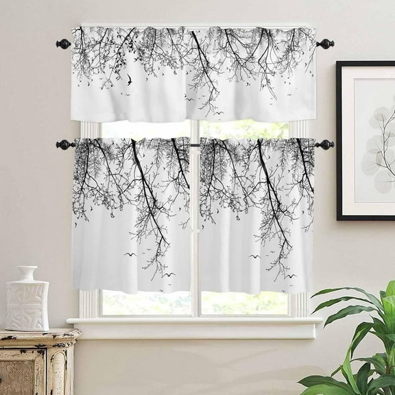 Kitchen Curtains Set, Black Branch Kitchen Curtains and Valances Set, Birds Modern Abstract Art Classic Black Rod Pocket Tier Curtains 24 Inch Length for Cafe/Bedroom Windows