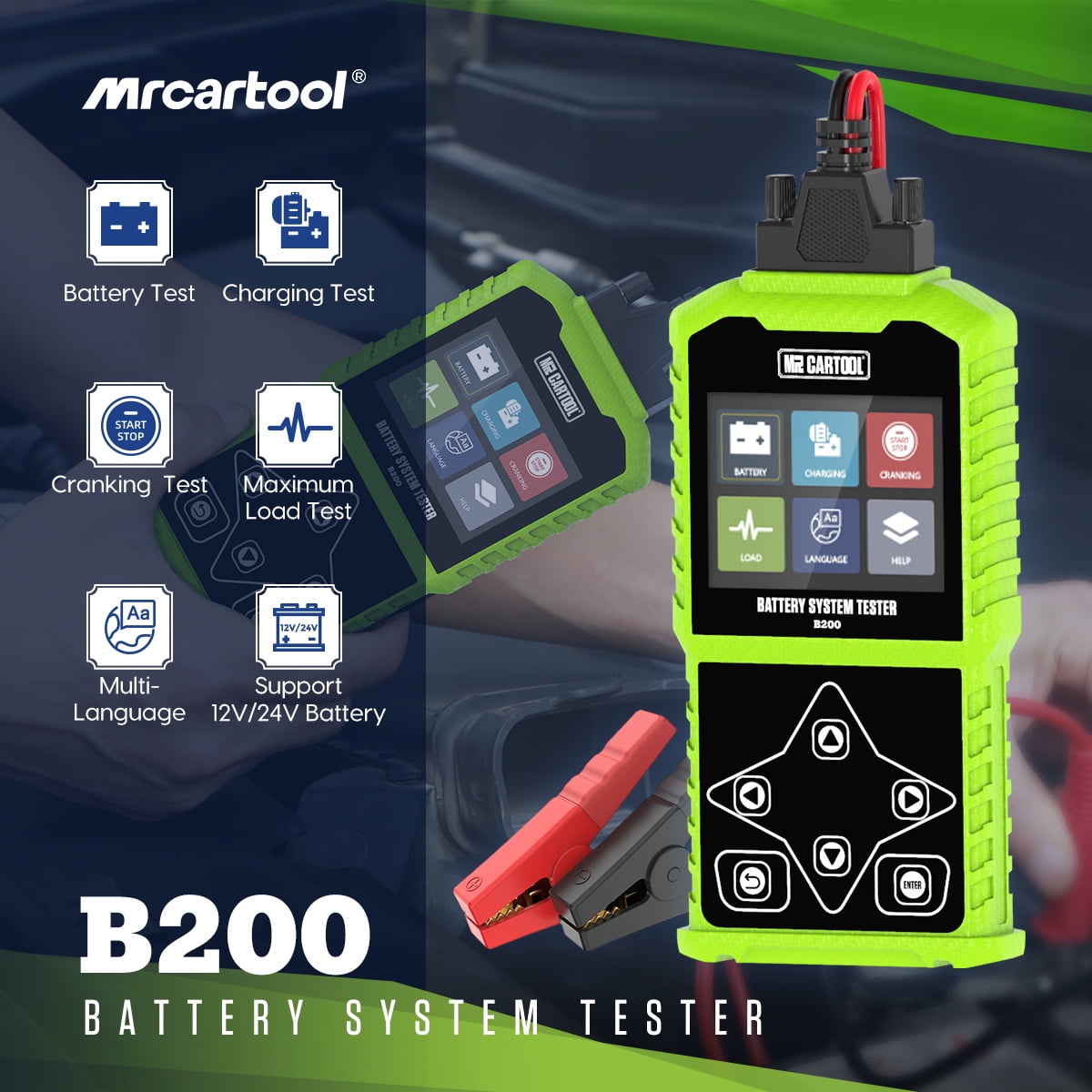 MR CARTOOL B200 Car Battery Tester Multimeter 12V/24V 30-1700 CCA Auto Cranking Charging Analyzer for Truck Motorcycle Boat