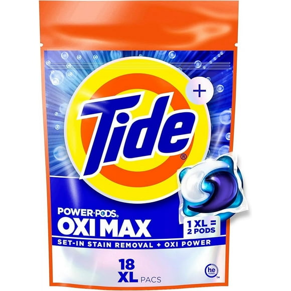Tide Oxi Max Power PODS Laundry Detergent, Laundry Pods with Stain Remover Plus Oxi Power, 18 Count