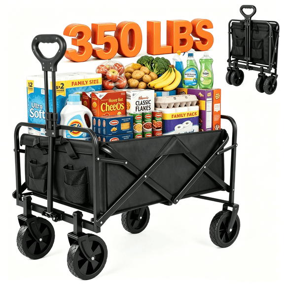 Escaped Hare 4 ft³ / 350 lb Compact Folding Wagon Cart, 5 inch Wheels, Outdoor Utility Collapsible Wagon for Camping, Garden, Park, Grass. Black