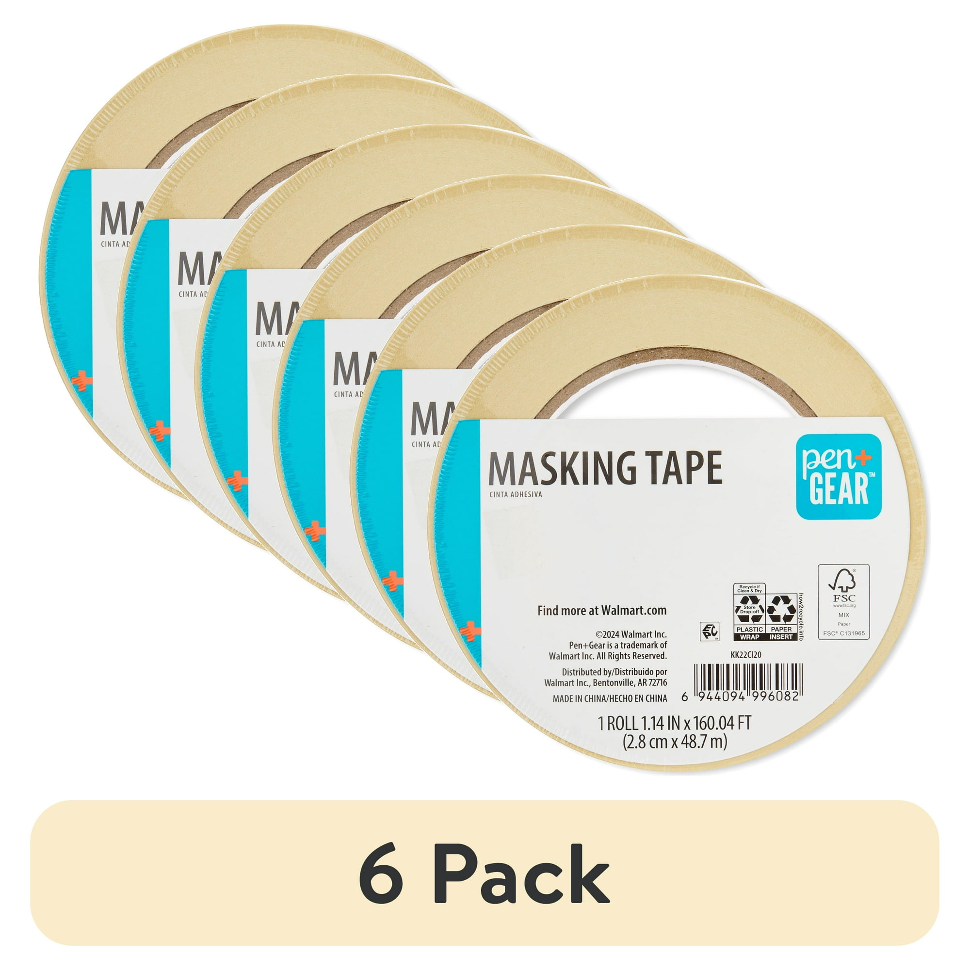 (6 pack) Pen+Gear Masking Tape, 1.14 in x 54.6 yd, Brown, 1 Roll