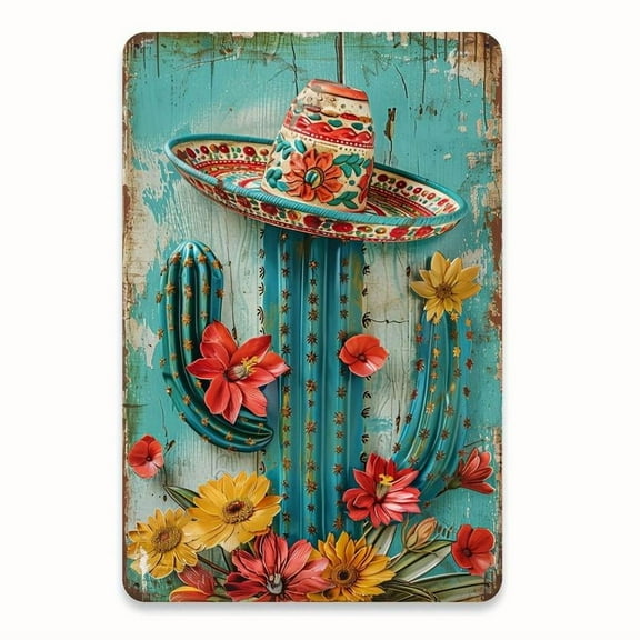Office Accent| Charming Vintage Cactus with Sombrero Metal Tin Sign - Rustic Mexican-Inspired Wall Decor, Colorful Floral Art for Home, Office, Cafe, Garage , No Power Required, Indoor Decoration