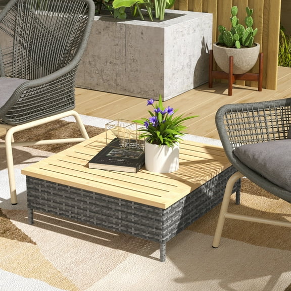 Outsunny PE Rattan Outdoor Side Table, Patio End Table with Wood Top, Gray
