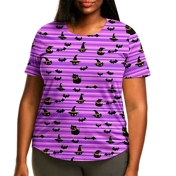 VKOYWKM Halloween Fall Shirts Women Plus Size Halloween Print Holiday Top Short Sleeve Loose Fit Crew Neck Spooky Graphic Tees