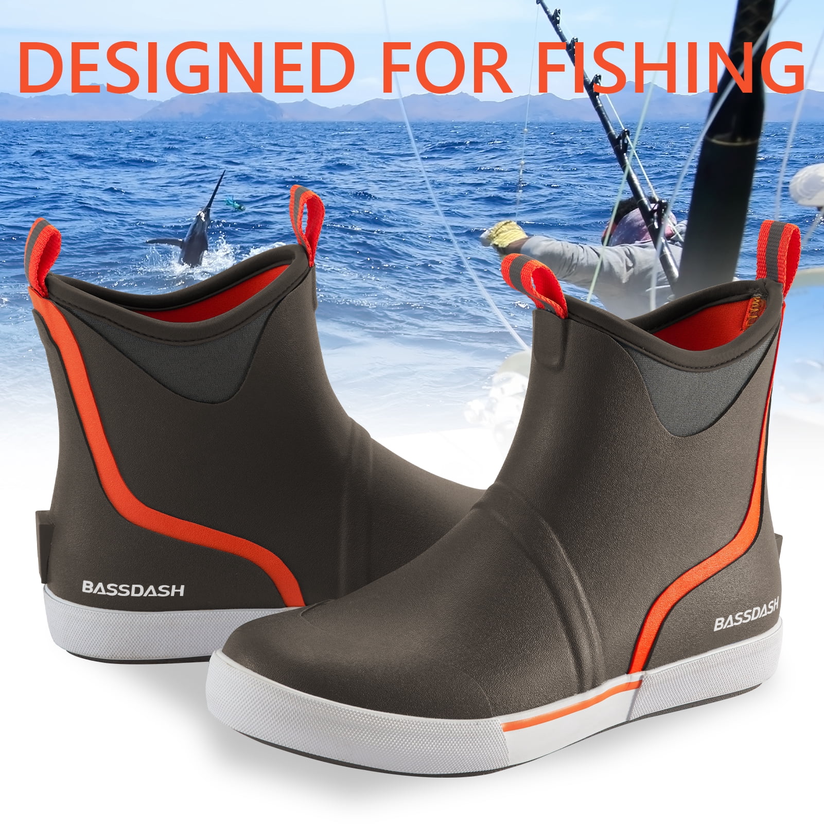 BASSDASH Men’s 6" Waterproof Deck Boots with Breathable Lining Anti-slip Neoprene Rubber Ankle Rain Boots for Fishing Boating