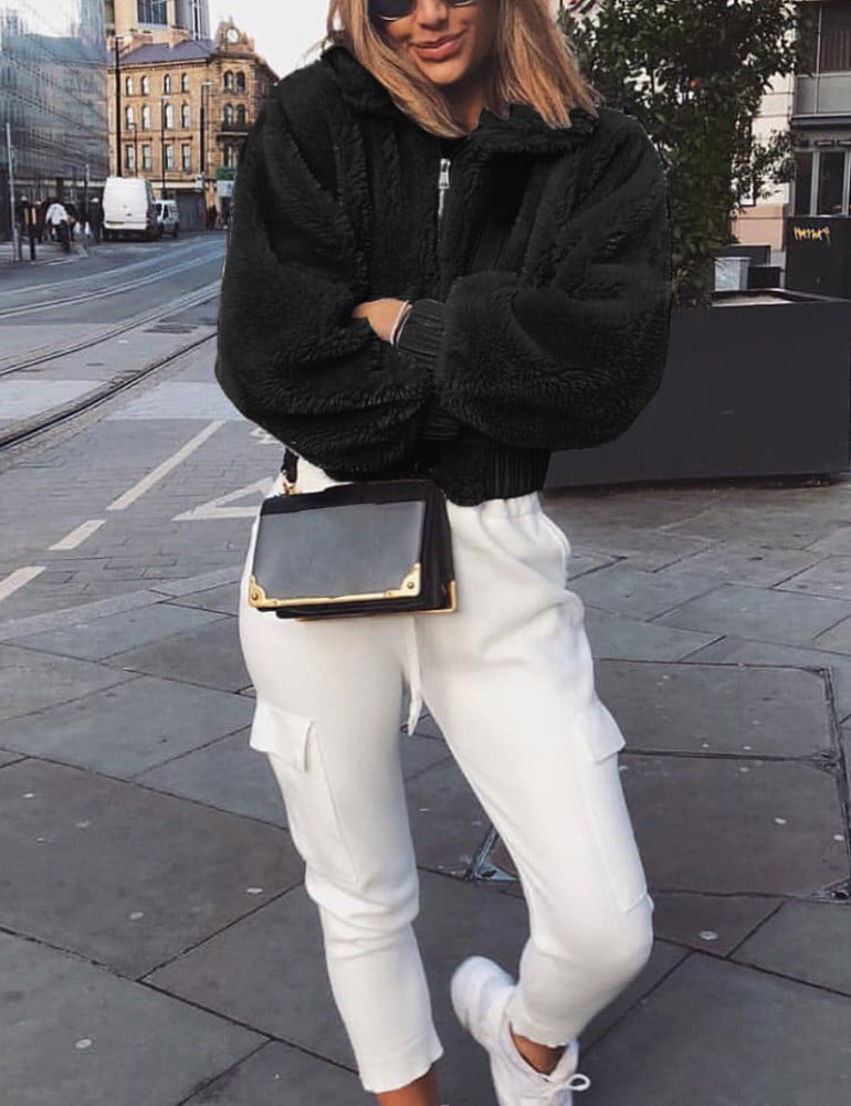 FANCYINN Womens Teddy Cropped Faux Fur Jacket Furry Lapel Coat Zip Up with Pockets Warm Winter