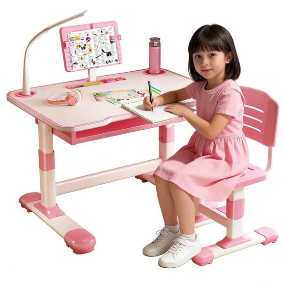 Lweong Kids Desk and Chair Set, Height Adjustable Children's Study Desk with Spacious Storage Drawer, Golden Distance Preventing Myopia Design for Kids