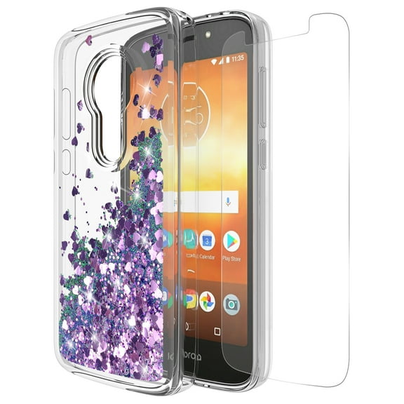 Moto E5 Play Case , Moto E5 Cruise Case With Tempered Glass Screen Protector, Rosebono Quicksand Glitter Liquid Clear Soft TPU Bumper Protective Cover for Moto E5 Play / Cruise (Purple)