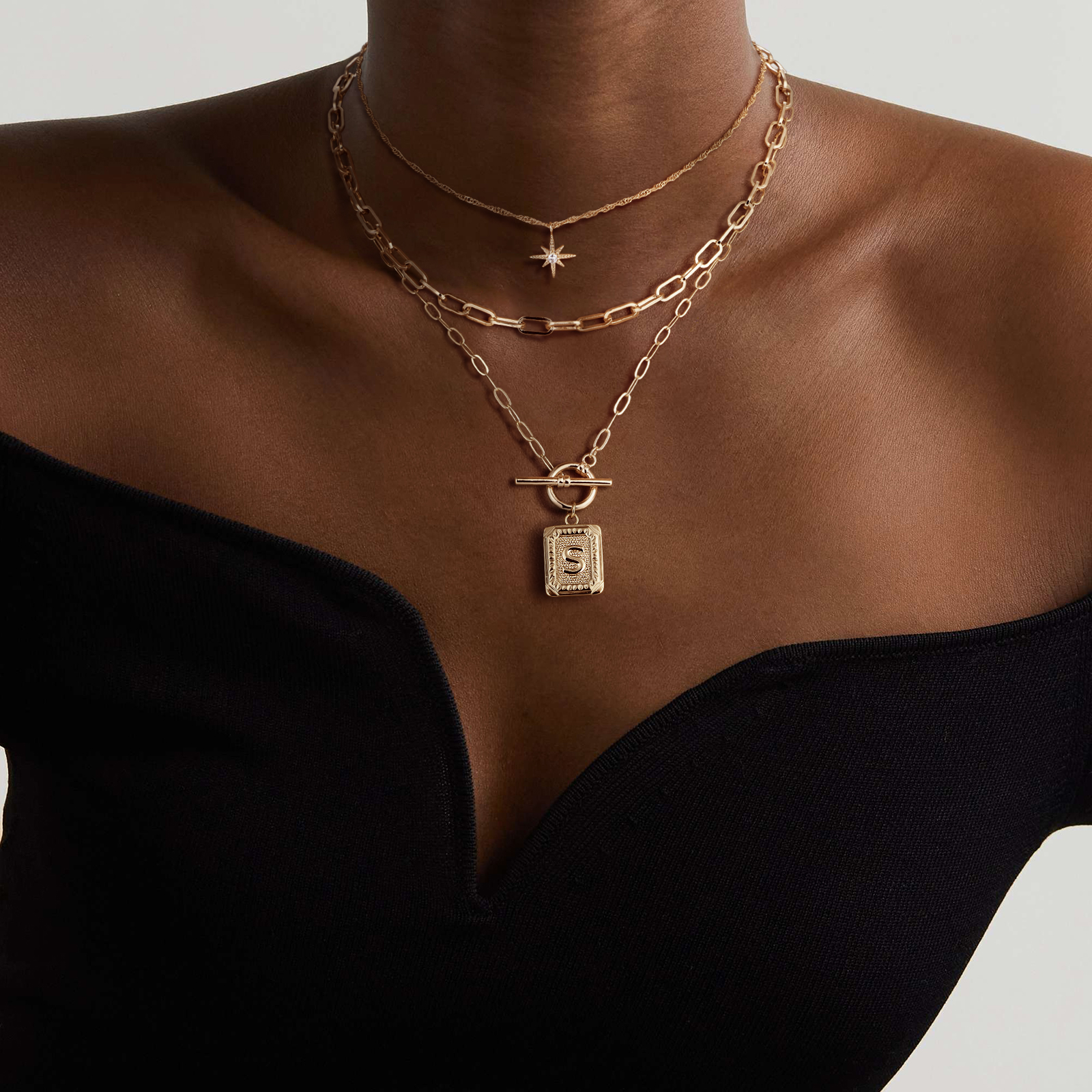 Layered Gold Initial Necklaces for Women Square Letter Pendant 14K Gold Plated Dainty Paperclip Chain Toggle Clasp A-Z Letter North Star Layering Choker Necklaces Jewelry Gifts for Girls - image 4 of 7