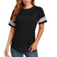 thumbnail image 1 of Blusa de verano con bloques de color, cuello redondo, manga corta, holgada, informal, a rayas, top de verano para mujer, negro, XXL, 1 of 6