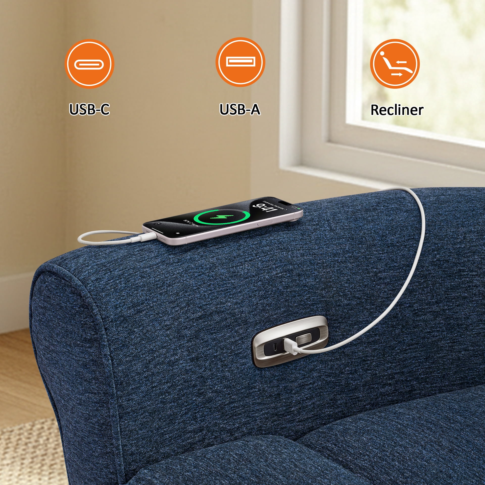 MCombo Small Wall Hugger Power Recliner Chair for Small Space RV Living Room, , Modern Roll Arm Recliner, Fabric, Navy Blue